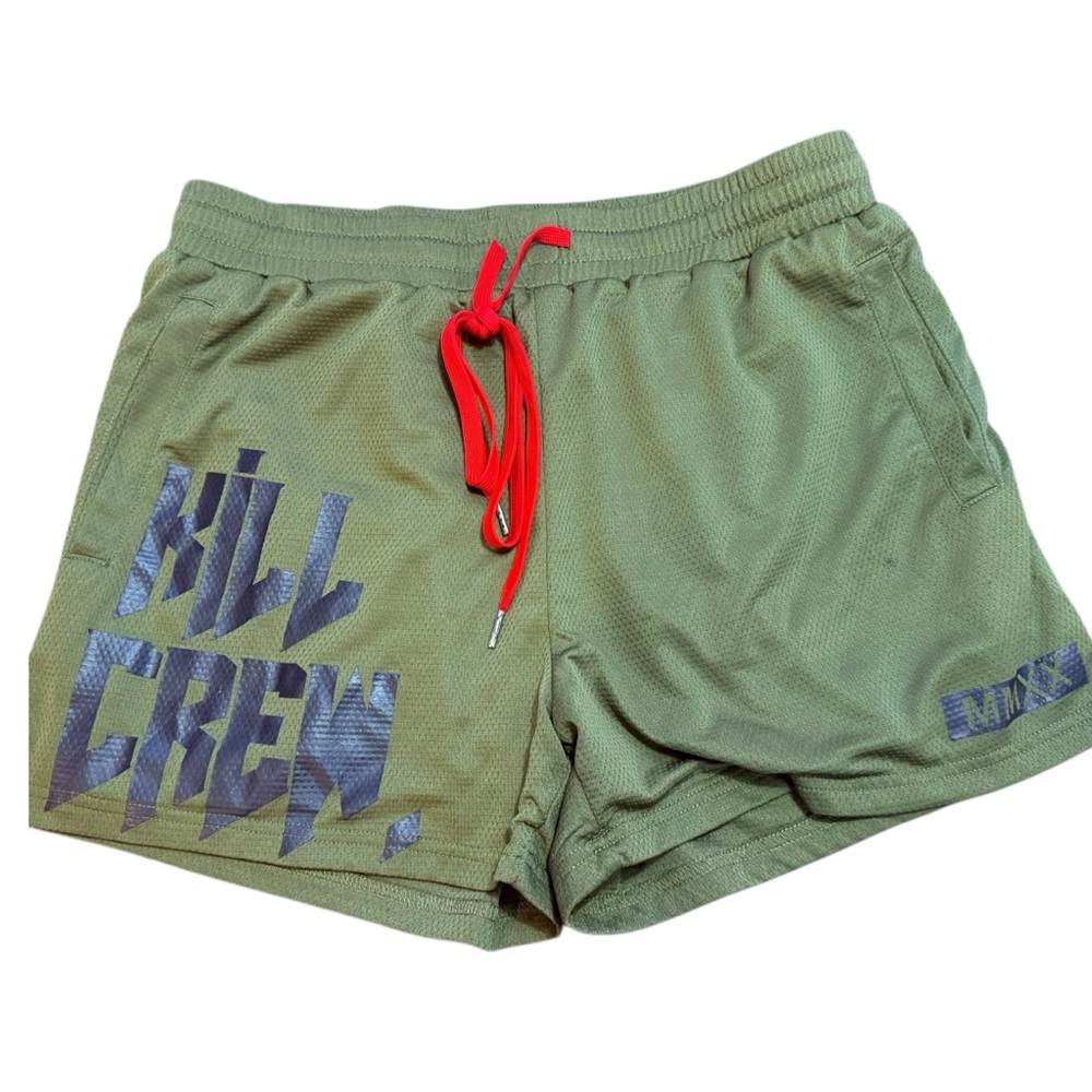 Kill Crew Olive Green Athletic Shorts with Red Drawstring